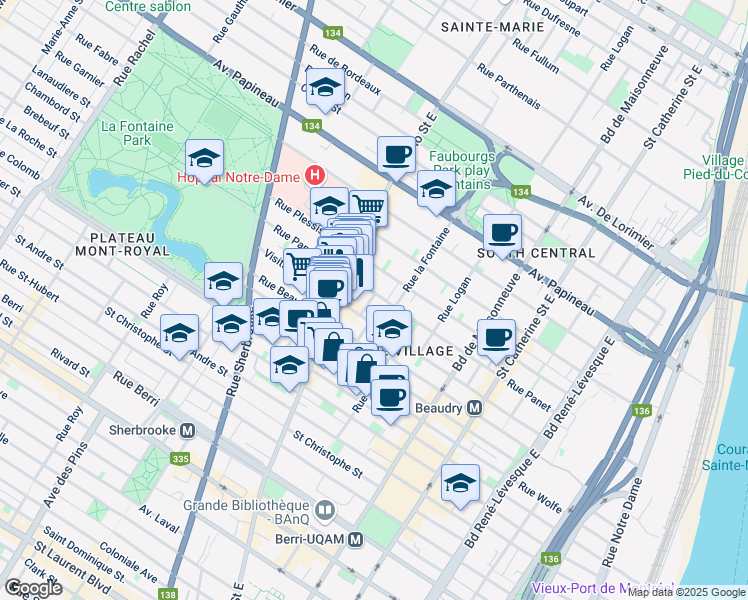 map of restaurants, bars, coffee shops, grocery stores, and more near 1830 Rue Panet in Montréal