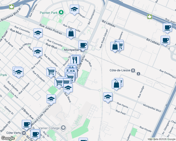 map of restaurants, bars, coffee shops, grocery stores, and more near 800 Rue Muir in Montréal