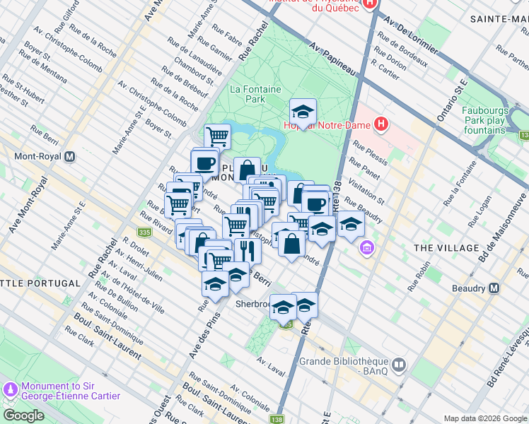 map of restaurants, bars, coffee shops, grocery stores, and more near 943 Rue Roy Est in Montréal