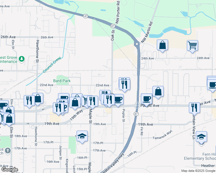 map of restaurants, bars, coffee shops, grocery stores, and more near 3334 22nd Avenue in Forest Grove