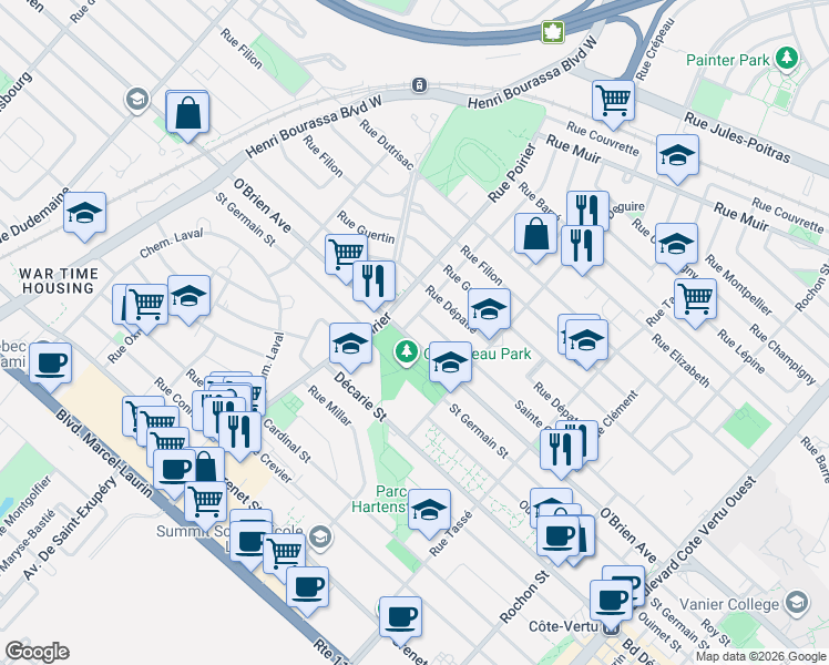 map of restaurants, bars, coffee shops, grocery stores, and more near 1775 Avenue O'Brien in Montréal