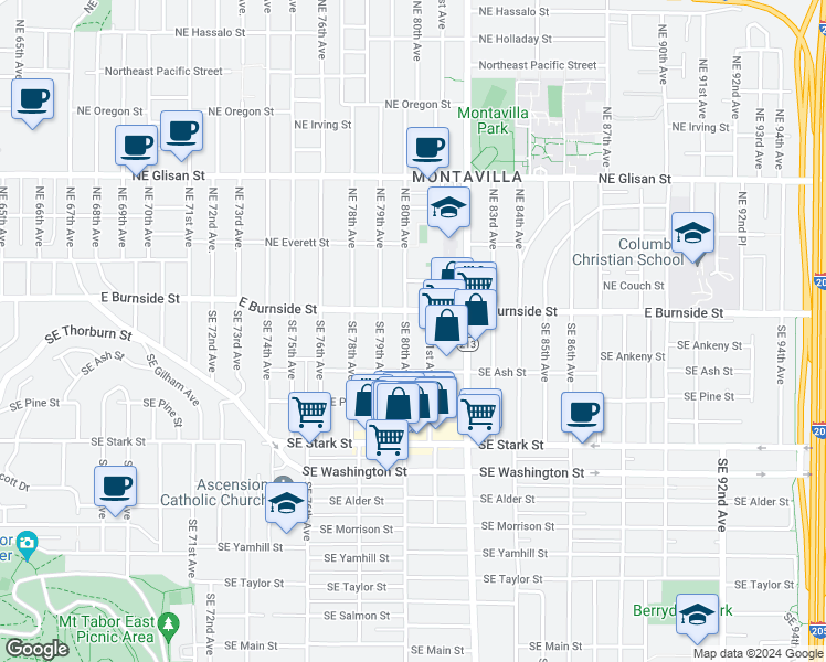 map of restaurants, bars, coffee shops, grocery stores, and more near 36 Southeast 80th Avenue in Portland