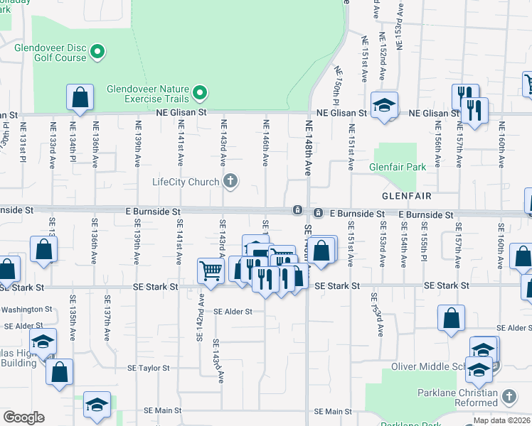 map of restaurants, bars, coffee shops, grocery stores, and more near E Burnside St & SE 146th Ave in Portland