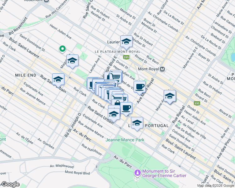 map of restaurants, bars, coffee shops, grocery stores, and more near Colonial Street in Montreal