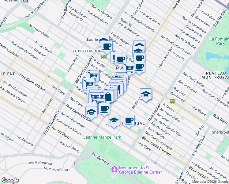 map of restaurants, bars, coffee shops, grocery stores, and more near 4524 Avenue de l'Hôtel-de-Ville in Montréal