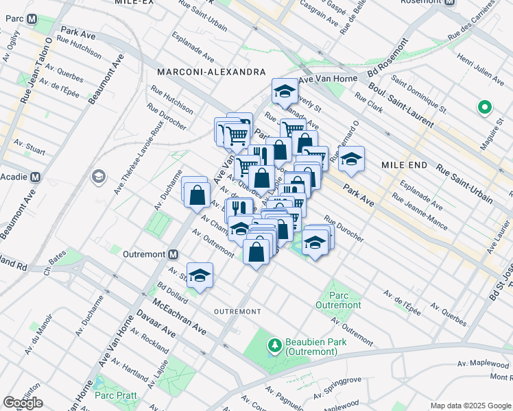 map of restaurants, bars, coffee shops, grocery stores, and more near 1145 Avenue Lajoie in Montréal