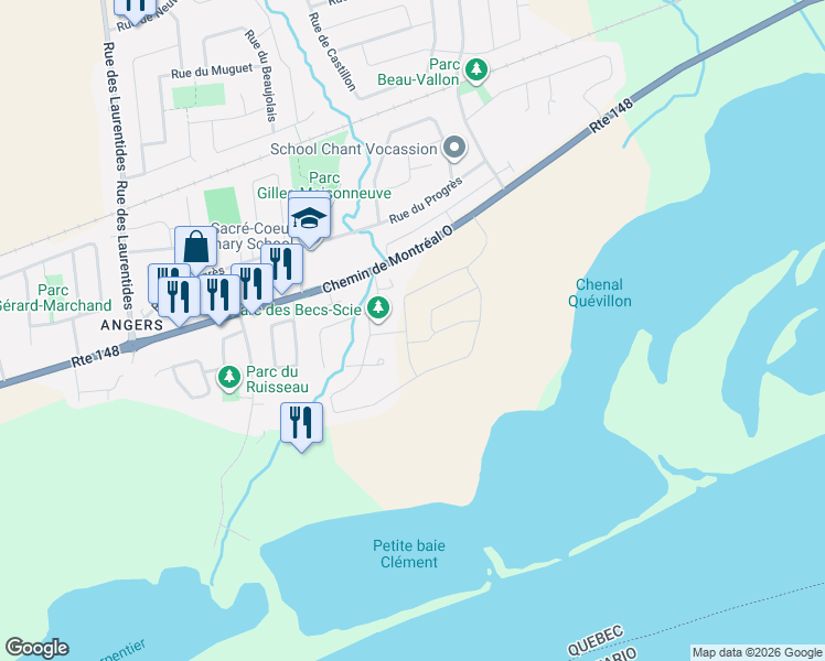 map of restaurants, bars, coffee shops, grocery stores, and more near 169 Rue de la Papetière in Gatineau