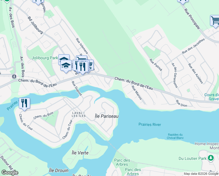 map of restaurants, bars, coffee shops, grocery stores, and more near 12 Rue Jardin Islemère in Laval