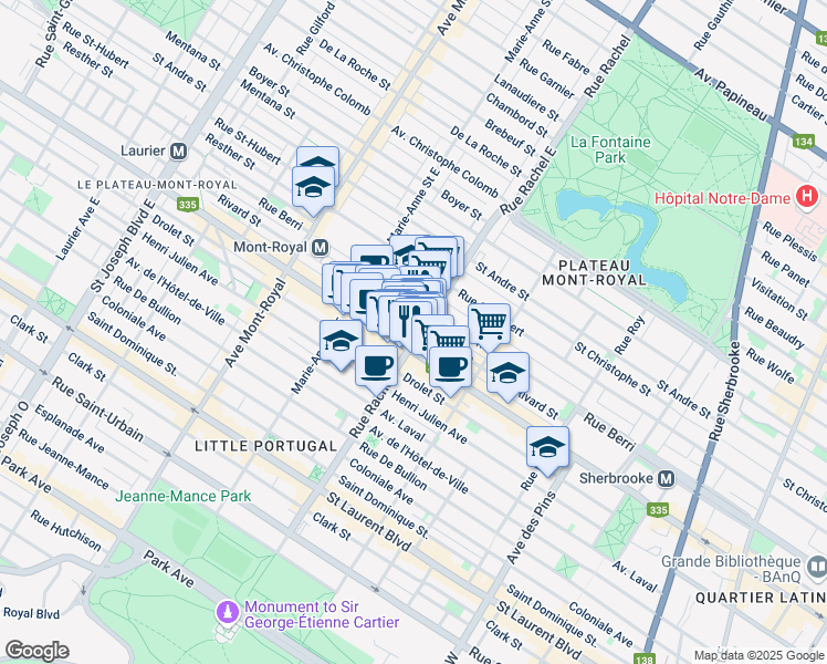 map of restaurants, bars, coffee shops, grocery stores, and more near 4203 Rue Saint-Denis in Montréal