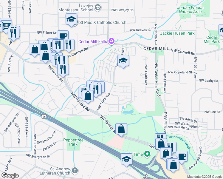 map of restaurants, bars, coffee shops, grocery stores, and more near 11785 Northwest Timberview Lane in Portland