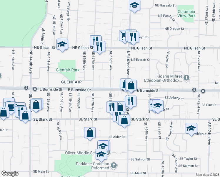 map of restaurants, bars, coffee shops, grocery stores, and more near 15851 E Burnside St in Portland