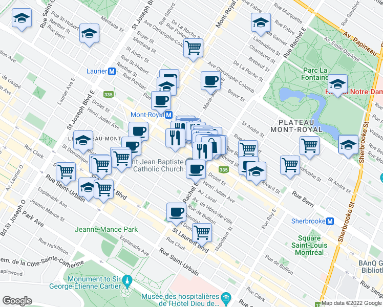 map of restaurants, bars, coffee shops, grocery stores, and more near 4298 Rue Saint-Denis in Montreal