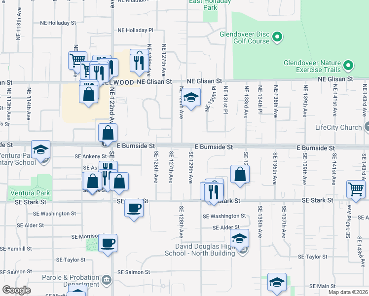 map of restaurants, bars, coffee shops, grocery stores, and more near 12810 East Burnside Street in Portland