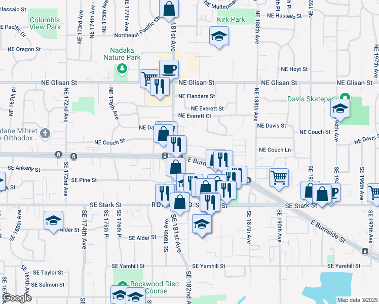 map of restaurants, bars, coffee shops, grocery stores, and more near 18245 East Burnside Street in Portland