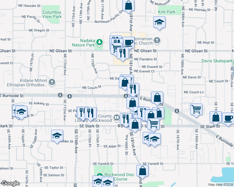 map of restaurants, bars, coffee shops, grocery stores, and more near 17808 East Burnside Street in Portland