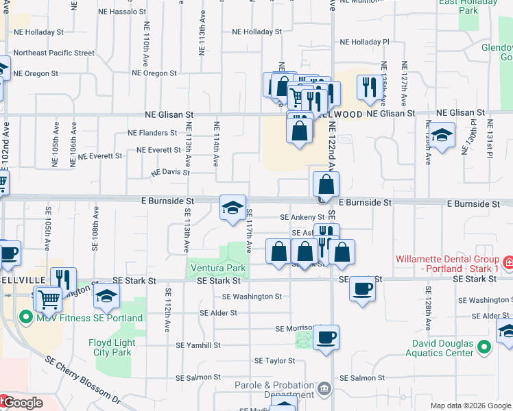 map of restaurants, bars, coffee shops, grocery stores, and more near 11715 Southeast Ankeny Street in Portland