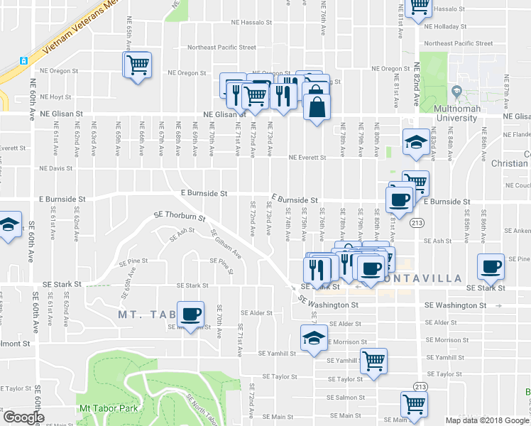 map of restaurants, bars, coffee shops, grocery stores, and more near 102 Southeast 73rd Avenue in Portland
