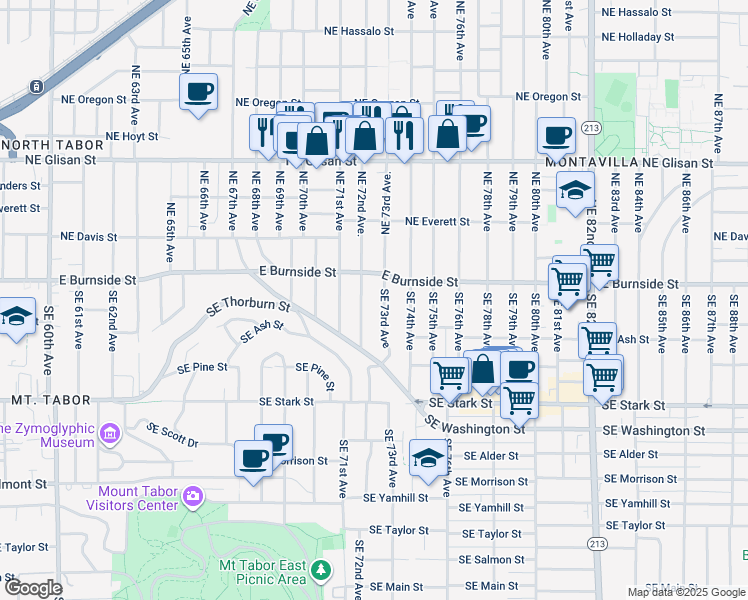 map of restaurants, bars, coffee shops, grocery stores, and more near 75 Southeast 72nd Avenue in Portland