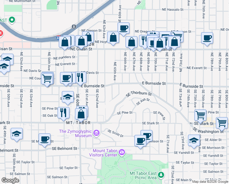 map of restaurants, bars, coffee shops, grocery stores, and more near 6556 Southeast Ash Street in Portland