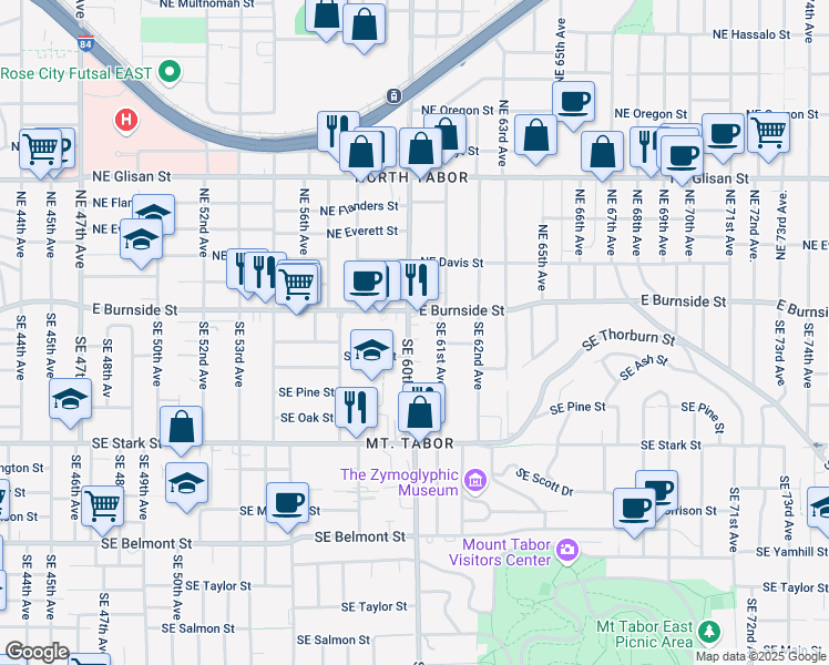 map of restaurants, bars, coffee shops, grocery stores, and more near 51 Southeast 60th Avenue in Portland