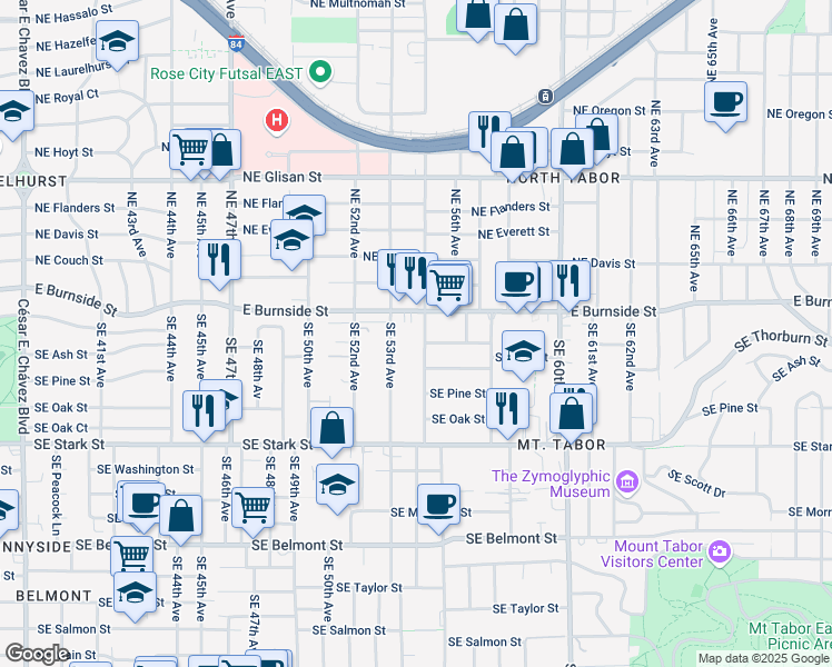 map of restaurants, bars, coffee shops, grocery stores, and more near 52 Southeast 53rd Avenue in Portland