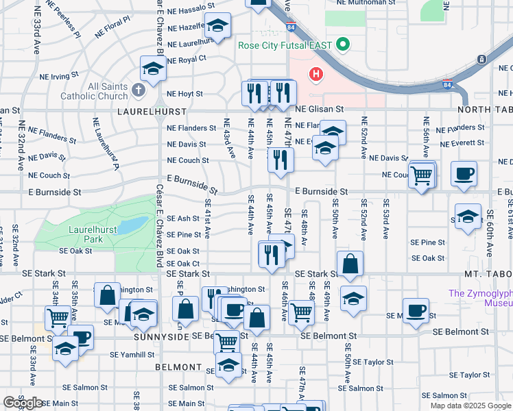 map of restaurants, bars, coffee shops, grocery stores, and more near 115 Southeast 44th Avenue in Portland