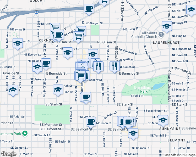 map of restaurants, bars, coffee shops, grocery stores, and more near 107 Southeast 30th Place in Portland