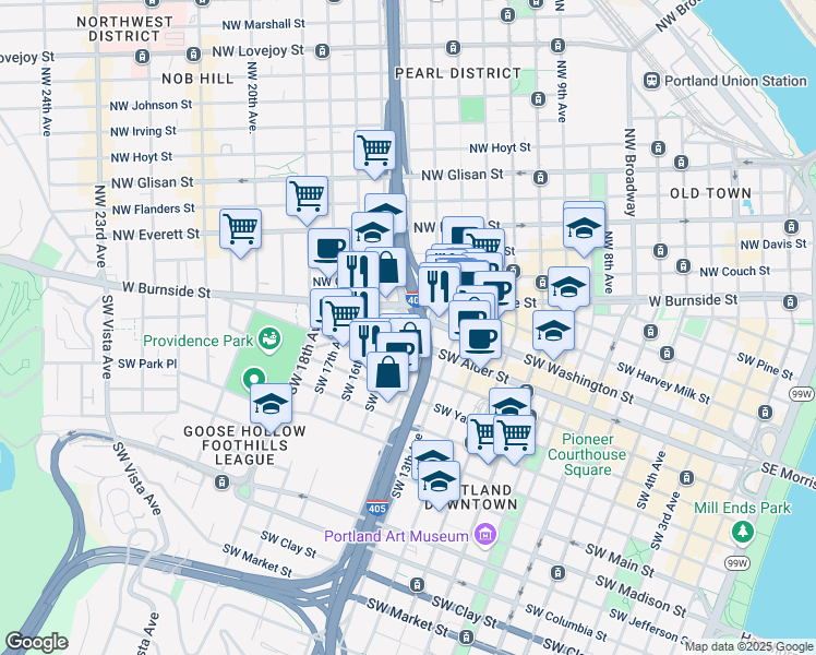 map of restaurants, bars, coffee shops, grocery stores, and more near 1401 Southwest Alder Street in Portland