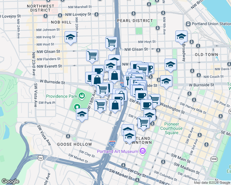 map of restaurants, bars, coffee shops, grocery stores, and more near 1401 Southwest Alder Street in Portland