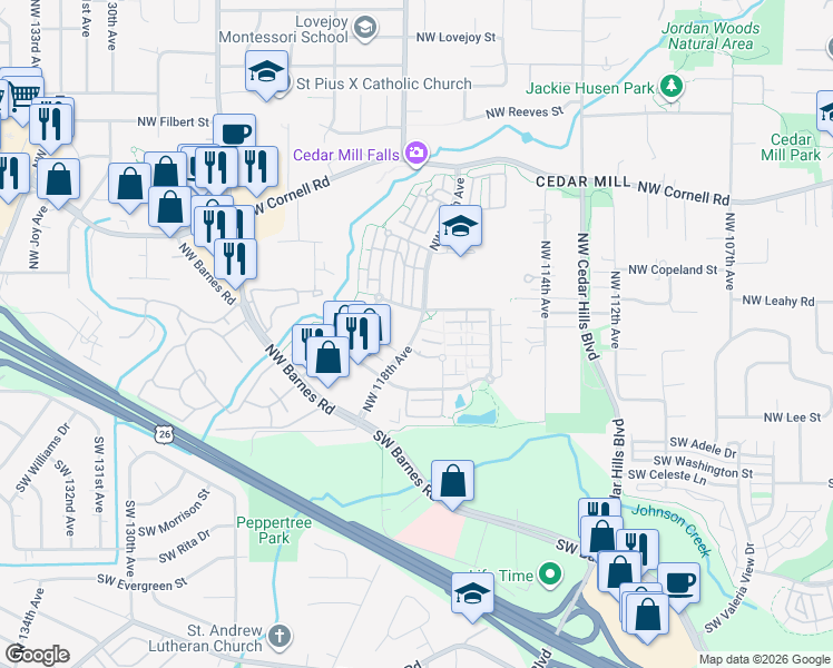 map of restaurants, bars, coffee shops, grocery stores, and more near 11785 Northwest Timberview Lane in Portland
