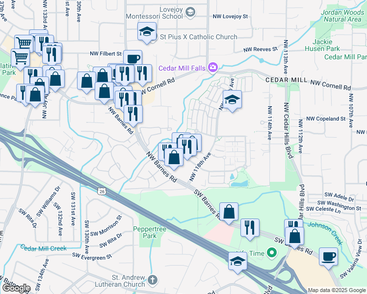 map of restaurants, bars, coffee shops, grocery stores, and more near 385 Northwest Lost Springs Terrace in Portland