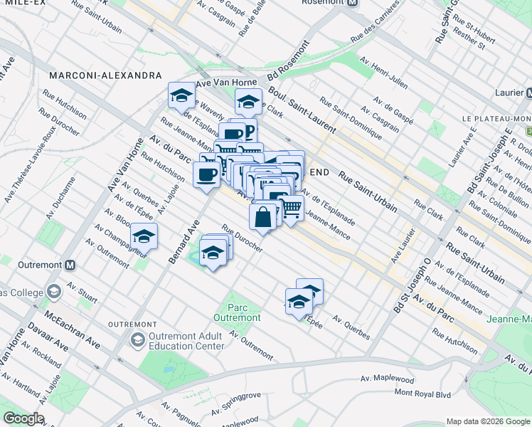 map of restaurants, bars, coffee shops, grocery stores, and more near 5578 Avenue du Parc in Montréal