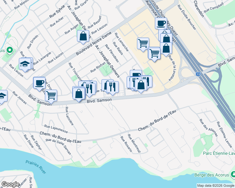 map of restaurants, bars, coffee shops, grocery stores, and more near 37 Boulevard Samson in Laval