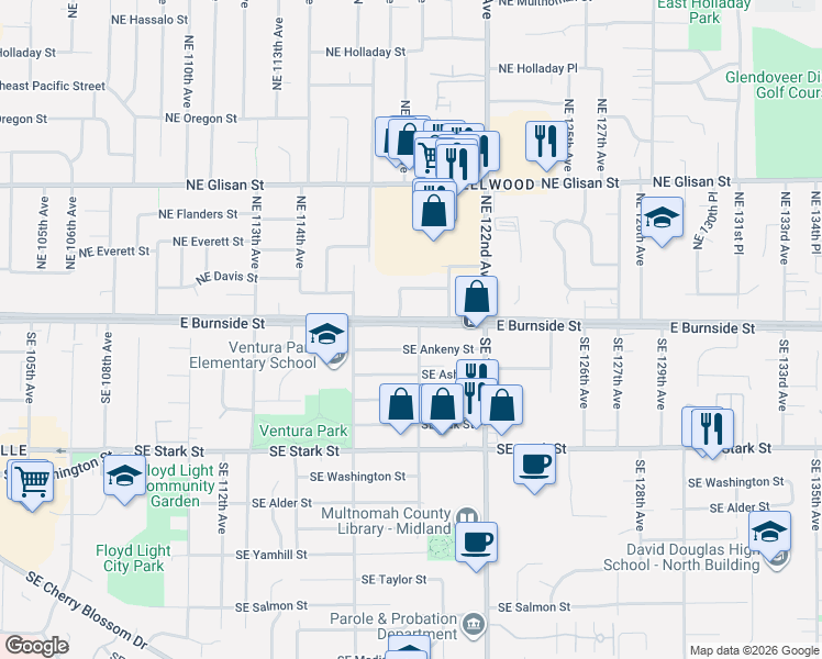 map of restaurants, bars, coffee shops, grocery stores, and more near 11852 East Burnside Street in Portland