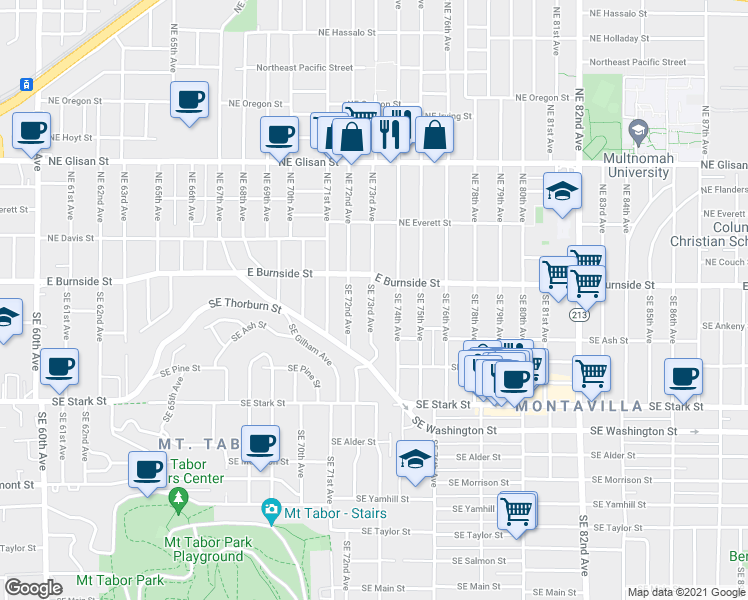 map of restaurants, bars, coffee shops, grocery stores, and more near 56 Southeast 73rd Avenue in Portland