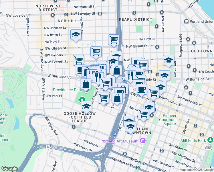 map of restaurants, bars, coffee shops, grocery stores, and more near 621 Southwest 16th Avenue in Portland