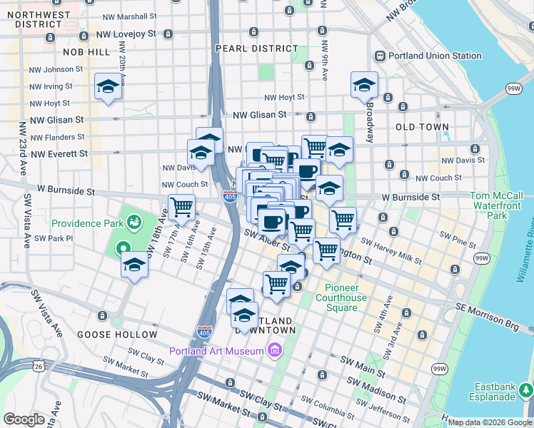 map of restaurants, bars, coffee shops, grocery stores, and more near 430 Southwest 13th Avenue in Portland