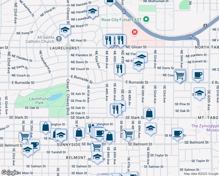 map of restaurants, bars, coffee shops, grocery stores, and more near 115 Southeast 44th Avenue in Portland