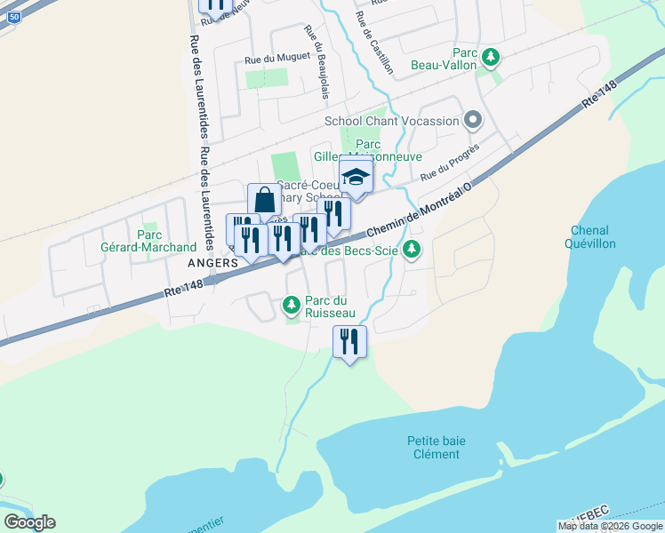 map of restaurants, bars, coffee shops, grocery stores, and more near 57 Rue Lasalle in Gatineau