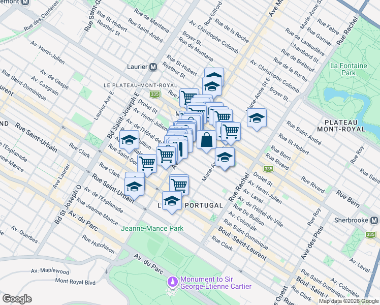 map of restaurants, bars, coffee shops, grocery stores, and more near 4469 Avenue Laval in Montréal