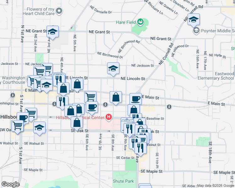 map of restaurants, bars, coffee shops, grocery stores, and more near 819 E Main St in Hillsboro