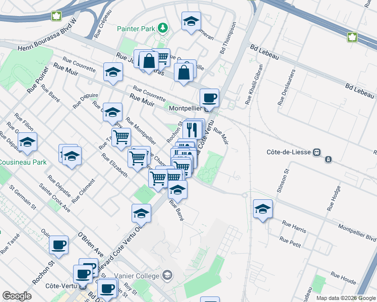 map of restaurants, bars, coffee shops, grocery stores, and more near 1050 Rue Latour in Montréal