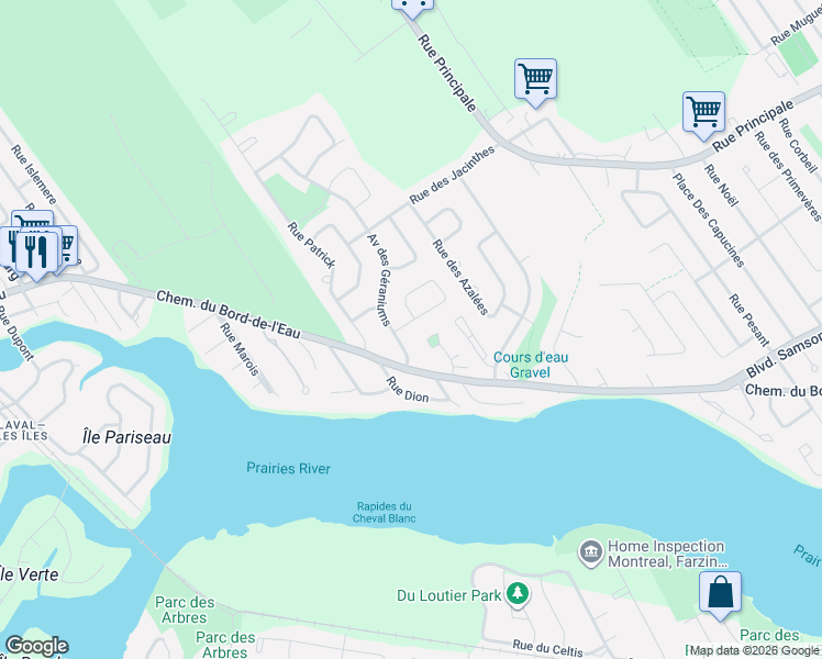 map of restaurants, bars, coffee shops, grocery stores, and more near 1070 Rue des Tournesols in Laval