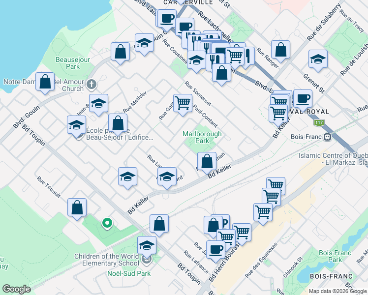 map of restaurants, bars, coffee shops, grocery stores, and more near 2400 Rue Beauzèle in Montréal