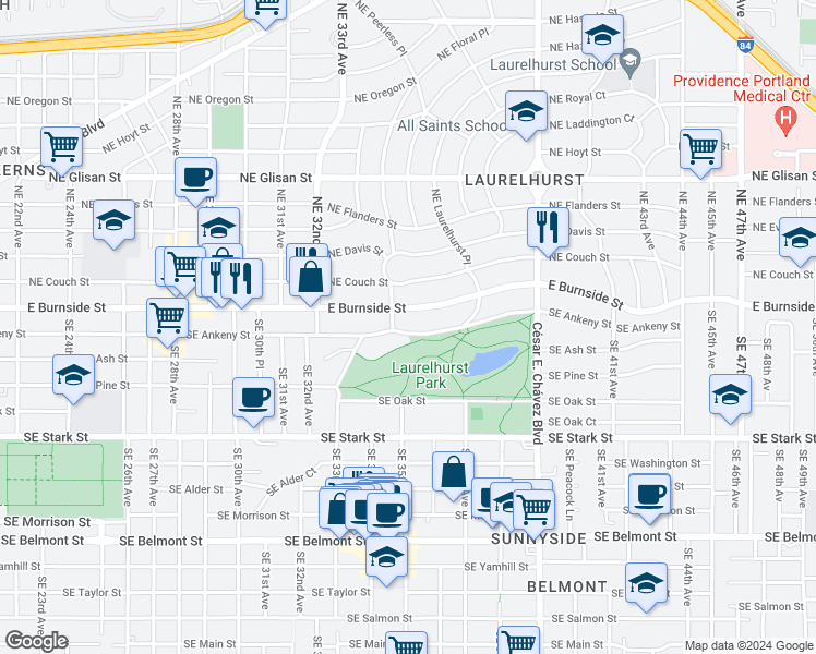 map of restaurants, bars, coffee shops, grocery stores, and more near 3427 Southeast Ankeny Street in Portland