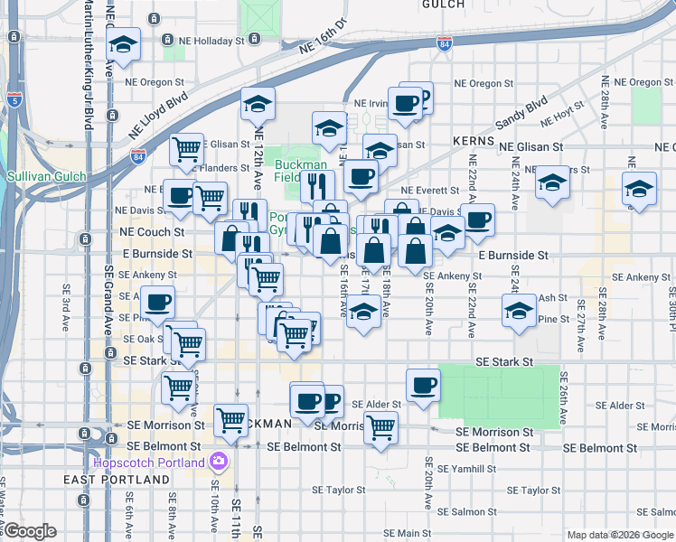 map of restaurants, bars, coffee shops, grocery stores, and more near 1559 Southeast Ankeny Street in Portland