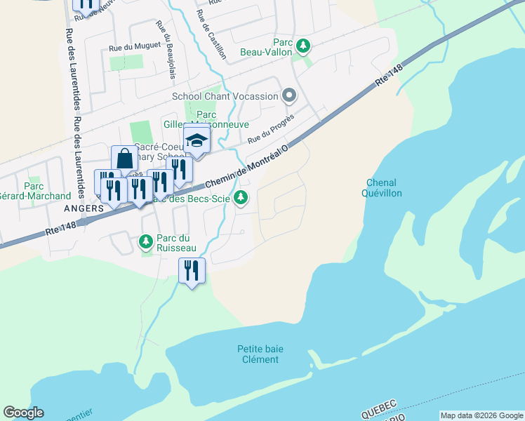 map of restaurants, bars, coffee shops, grocery stores, and more near 165 Rue de la Papetière in Gatineau