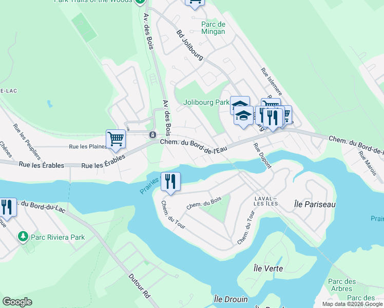 map of restaurants, bars, coffee shops, grocery stores, and more near 1295 Rue Bourgeois in Laval