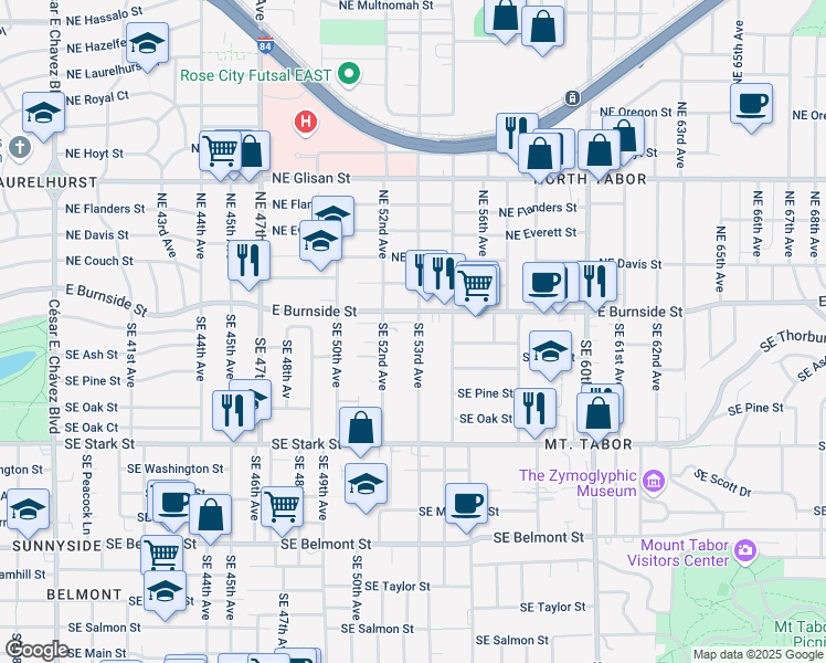 map of restaurants, bars, coffee shops, grocery stores, and more near 52 Southeast 53rd Avenue in Portland