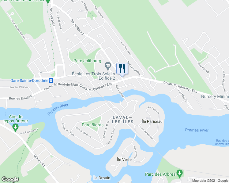map of restaurants, bars, coffee shops, grocery stores, and more near 1296 Chemin du Bord-de-l'Eau in Laval